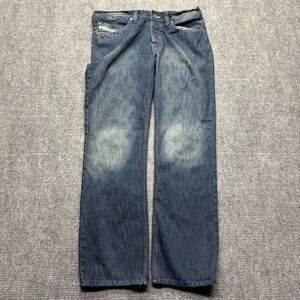 Diesel Jeans Mens 36x32 Blue Straight Leg Distressed Denim Zip Pocket Button Fly